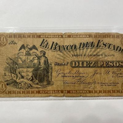 Sale Photo Thumbnail #389: SCARCE COLOMBIA BANCO DEL ESTADO 10 PESOS c1900 BANKNOTE/CURRENCY IN HEAVY CIRCULATED CONDITION AS PIC'D. $5 DOMESTIC SHIPPING.