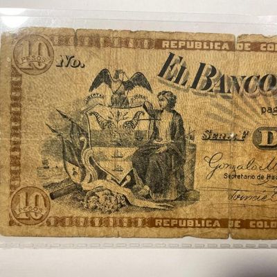 Sale Photo Thumbnail #391: SCARCE COLOMBIA BANCO DEL ESTADO 10 PESOS c1900 BANKNOTE/CURRENCY IN HEAVY CIRCULATED CONDITION AS PIC'D. $5 DOMESTIC SHIPPING.