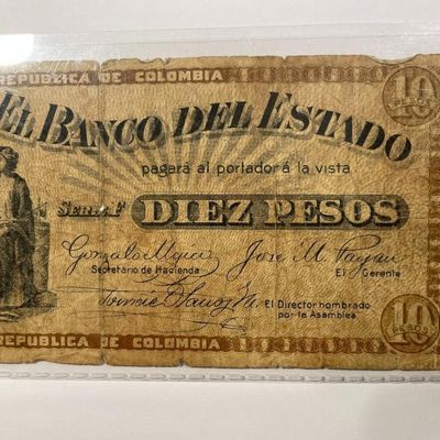 Sale Photo Thumbnail #392: SCARCE COLOMBIA BANCO DEL ESTADO 10 PESOS c1900 BANKNOTE/CURRENCY IN HEAVY CIRCULATED CONDITION AS PIC'D. $5 DOMESTIC SHIPPING.