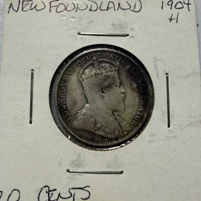 Sale Photo Thumbnail #554: SCARCE NEWFOUNDLAND 1904-H CIRCULATED CONDITION 20 CENT SILVER COIN AS PICTURED. $5 DOMESTIC SHIPPING.