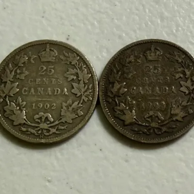 Sale Photo Thumbnail #556: SCARCE CANADA 1902 & 1902-H NICE CIRCULATED CONDITION 25-CENT SILVER COINS AS PICTURED. $5 DOMESTIC SHIPPING.