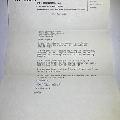 Sale Photo Thumbnail #598: BOB NEWHART Show Hand Signed Letter by BOB NEWHART Dated 1962 in Very Good Preowned Condition. $7 Domestic Shipping.