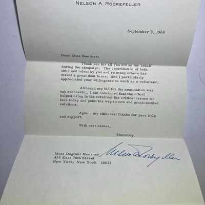 Sale Photo Thumbnail #600: Nelson Rockefeller Hand Signed Letter Dated 1968 in Very Good Preowned Condition. $7 Domestic Shipping.
