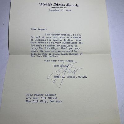 Sale Photo Thumbnail #602: JACOB JAVITZ Senator Hand Signed Letter Dated 1968 in Very Good Preowned Condition. $7 Domestic Shipping.