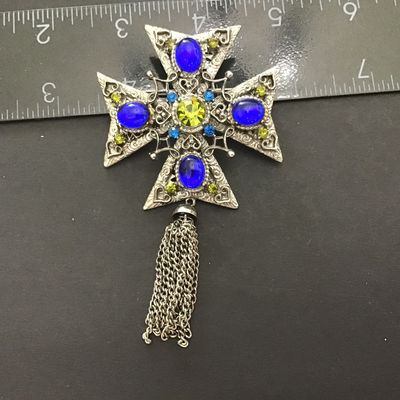 Colbale Blue Glass Cabs Maltesse Cross Tasseled Vintage Unique