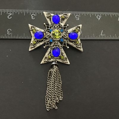 Colbale Blue Glass Cabs Maltesse Cross Tasseled Vintage Unique