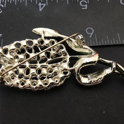 Green Enamel a red Rhinestone Tulip Brooch Vintage Statement
