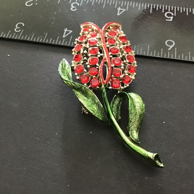 Green Enamel a red Rhinestone Tulip Brooch Vintage Statement