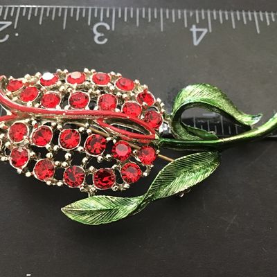 Green Enamel a red Rhinestone Tulip Brooch Vintage Statement