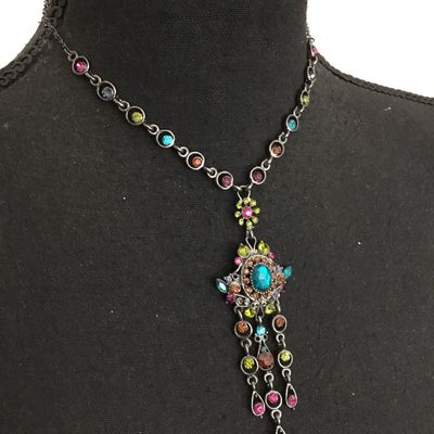 Gorgeous, vintage, bohemian style, crystal wine, necklace, assorted colorful glass stone set in a silver tone metal very nice quality