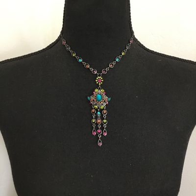 Gorgeous, vintage, bohemian style, crystal wine, necklace, assorted colorful glass stone set in a silver tone metal very nice quality