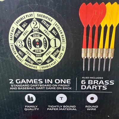 Sale Photo Thumbnail #284: Regulation tournament dart board on one side, Baseball dart game on the other. Includes 5 darts (missing a red dart).