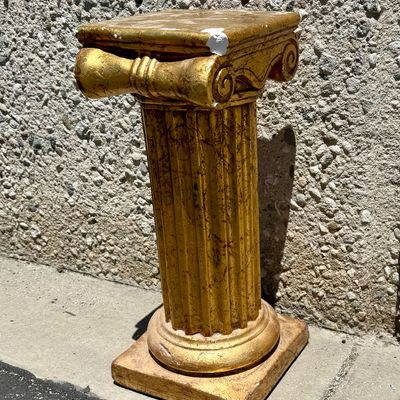 Sale Photo Thumbnail #302: Painted gold. Approx. 21" tall, pedestal surface measures approx. 9" x 9". Some chips in the material, see photos for details.