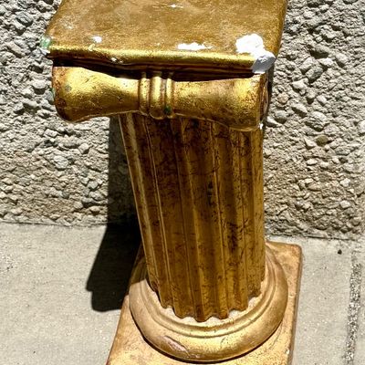 Sale Photo Thumbnail #303: Painted gold. Approx. 21" tall, pedestal surface measures approx. 9" x 9". Some chips in the material, see photos for details.