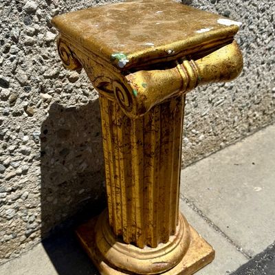 Sale Photo Thumbnail #304: Painted gold. Approx. 21" tall, pedestal surface measures approx. 9" x 9". Some chips in the material, see photos for details.