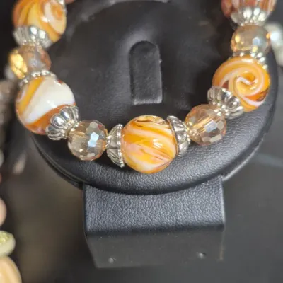 Vintage Bulky Necklace with carved stones +beads & Bracelet + Earrings [3 PCs]
