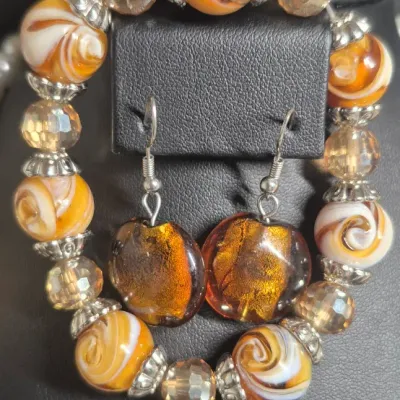 Vintage Bulky Necklace with carved stones +beads & Bracelet + Earrings [3 PCs]