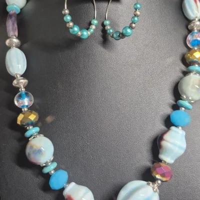Bulky Stone, glass beads Necklace & Earrings match