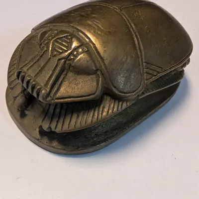 Vintage Brass Scarab Paperweight Figure Hieroglyphics Antique Artisan