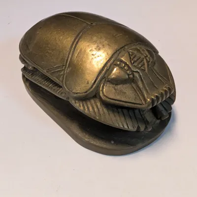 Vintage Brass Scarab Paperweight Figure Hieroglyphics Antique Artisan