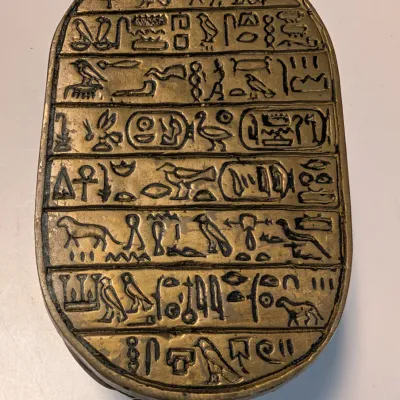 Vintage Brass Scarab Paperweight Figure Hieroglyphics Antique Artisan