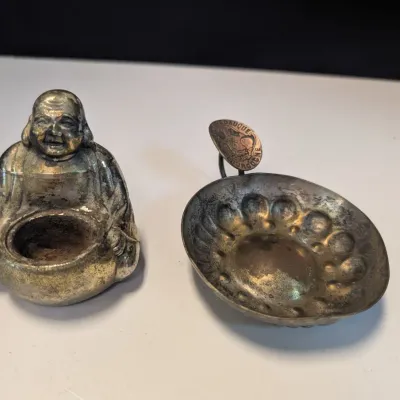 Small Japanese Gold & Silver Tone Happy Buddha Incense Burner & Reine Pedauque Bourgogne Wine Tasting Cup