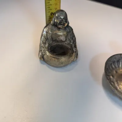 Small Japanese Gold & Silver Tone Happy Buddha Incense Burner & Reine Pedauque Bourgogne Wine Tasting Cup