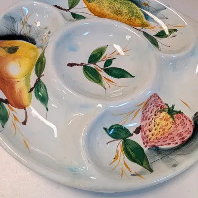 Fruit Depicted Hand Painted Relish Dishes, Celery Shaped Dish & West German Apple Sauce Pot