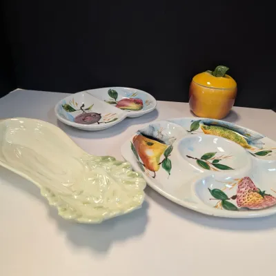 Fruit Depicted Hand Painted Relish Dishes, Celery Shaped Dish & West German Apple Sauce Pot