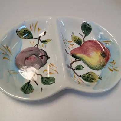 Fruit Depicted Hand Painted Relish Dishes, Celery Shaped Dish & West German Apple Sauce Pot