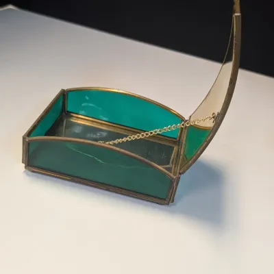 Angel & Dove Vintage Domed Cover Mirrored Bottom Green Etched Glass Jewelry Box Handcrafted
