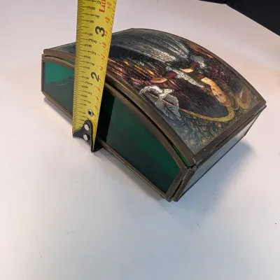 Angel & Dove Vintage Domed Cover Mirrored Bottom Green Etched Glass Jewelry Box Handcrafted