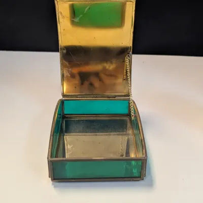 Angel & Dove Vintage Domed Cover Mirrored Bottom Green Etched Glass Jewelry Box Handcrafted