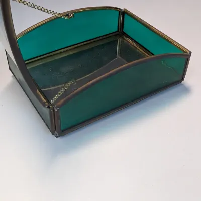Angel & Dove Vintage Domed Cover Mirrored Bottom Green Etched Glass Jewelry Box Handcrafted