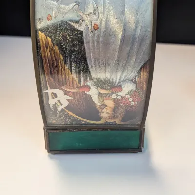 Angel & Dove Vintage Domed Cover Mirrored Bottom Green Etched Glass Jewelry Box Handcrafted