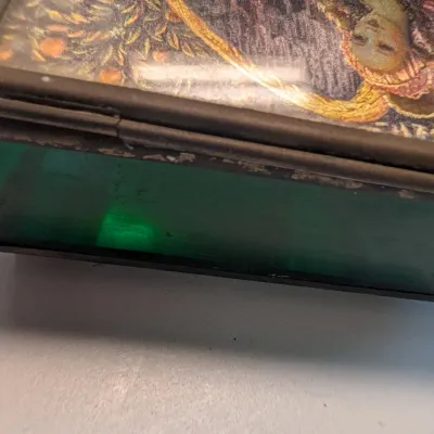 Angel & Dove Vintage Domed Cover Mirrored Bottom Green Etched Glass Jewelry Box Handcrafted
