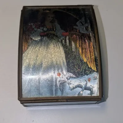 Angel & Dove Vintage Domed Cover Mirrored Bottom Green Etched Glass Jewelry Box Handcrafted