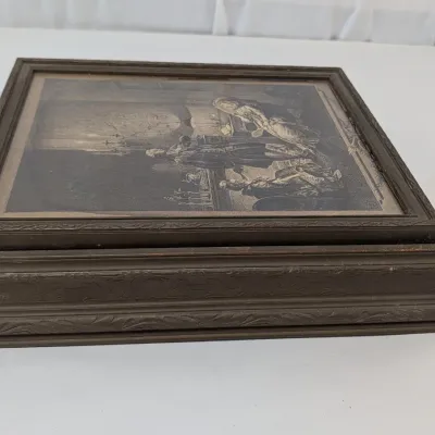 Antique Wooden Jewelry Box Picture Frame Top Design w/ Georgian Print Sepia Design