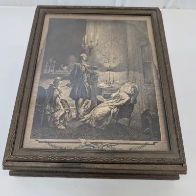 Antique Wooden Jewelry Box Picture Frame Top Design w/ Georgian Print Sepia Design