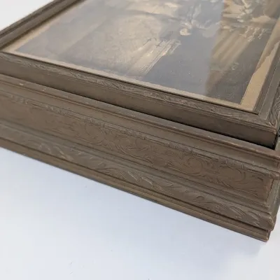 Antique Wooden Jewelry Box Picture Frame Top Design w/ Georgian Print Sepia Design