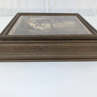 Antique Wooden Jewelry Box Picture Frame Top Design w/ Georgian Print Sepia Design