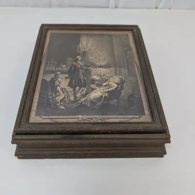 Antique Wooden Jewelry Box Picture Frame Top Design w/ Georgian Print Sepia Design