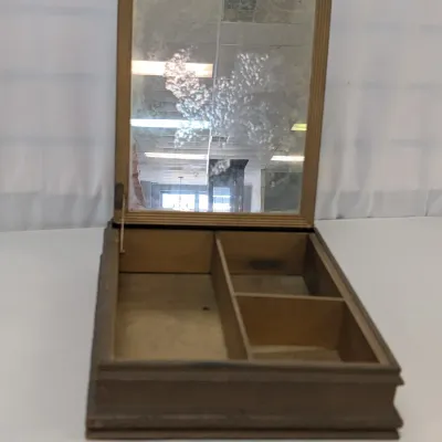 Antique Wooden Jewelry Box Picture Frame Top Design w/ Georgian Print Sepia Design