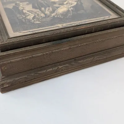 Antique Wooden Jewelry Box Picture Frame Top Design w/ Georgian Print Sepia Design