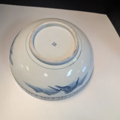 Antique Japanese Blue & White 12" Porcelain Landscape Design Bowl Marked