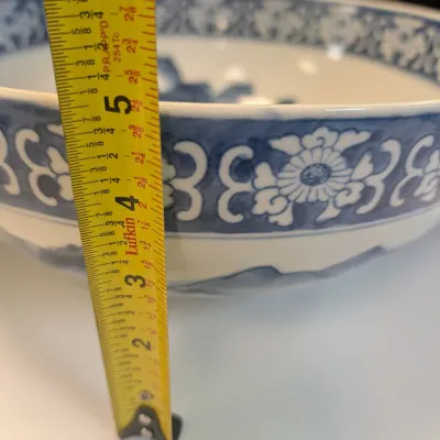 Antique Japanese Blue & White 12" Porcelain Landscape Design Bowl Marked