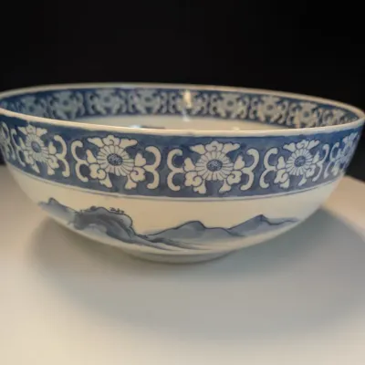 Antique Japanese Blue & White 12" Porcelain Landscape Design Bowl Marked