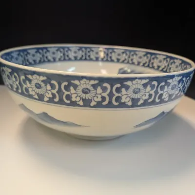 Antique Japanese Blue & White 12" Porcelain Landscape Design Bowl Marked