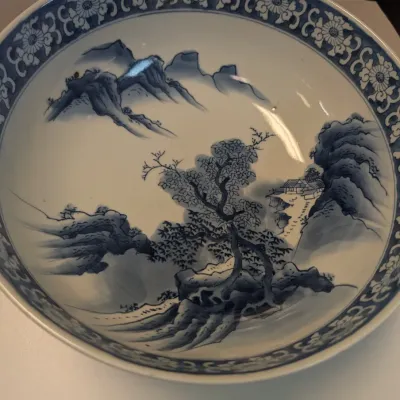 Antique Japanese Blue & White 12" Porcelain Landscape Design Bowl Marked