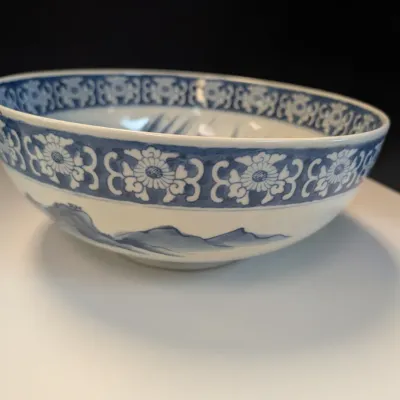 Antique Japanese Blue & White 12" Porcelain Landscape Design Bowl Marked
